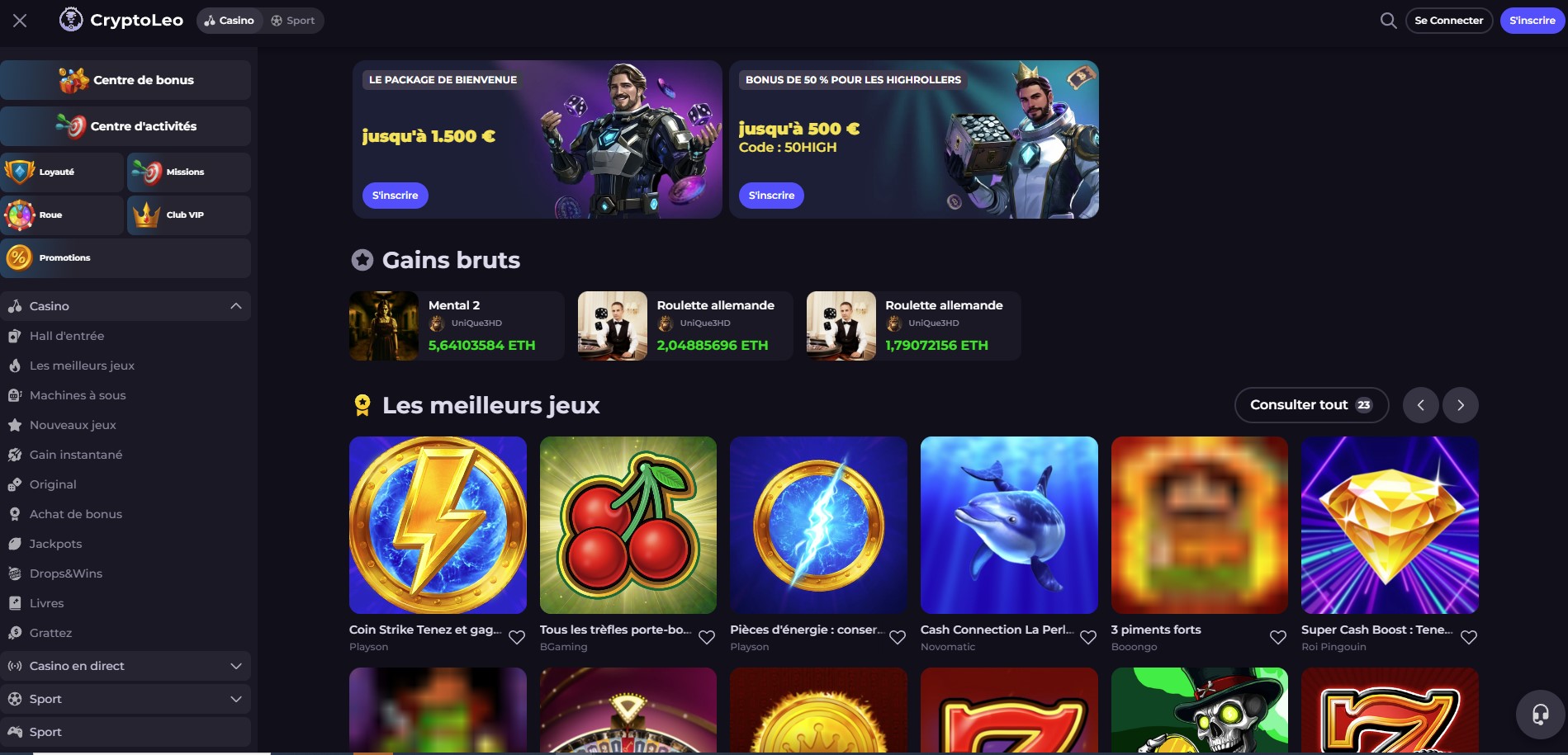 Offre de bienvenue Cryptoleo Casino avec bonus de dépôt et free spins sur 3 dépôts.