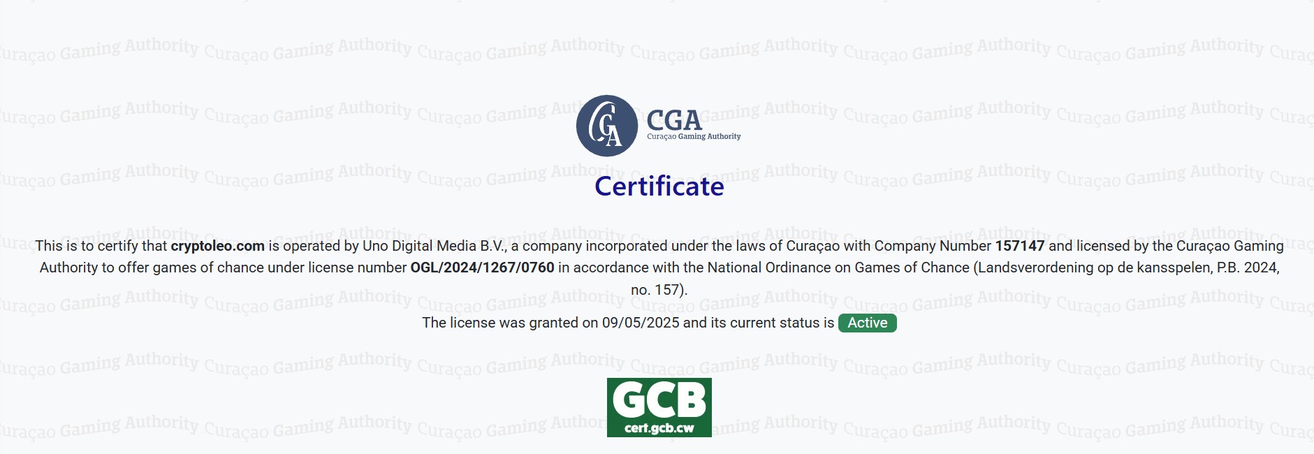 Licence officielle Curaçao eGaming n°1668 JAZ et certificat SSL de Cryptoleo Casino.